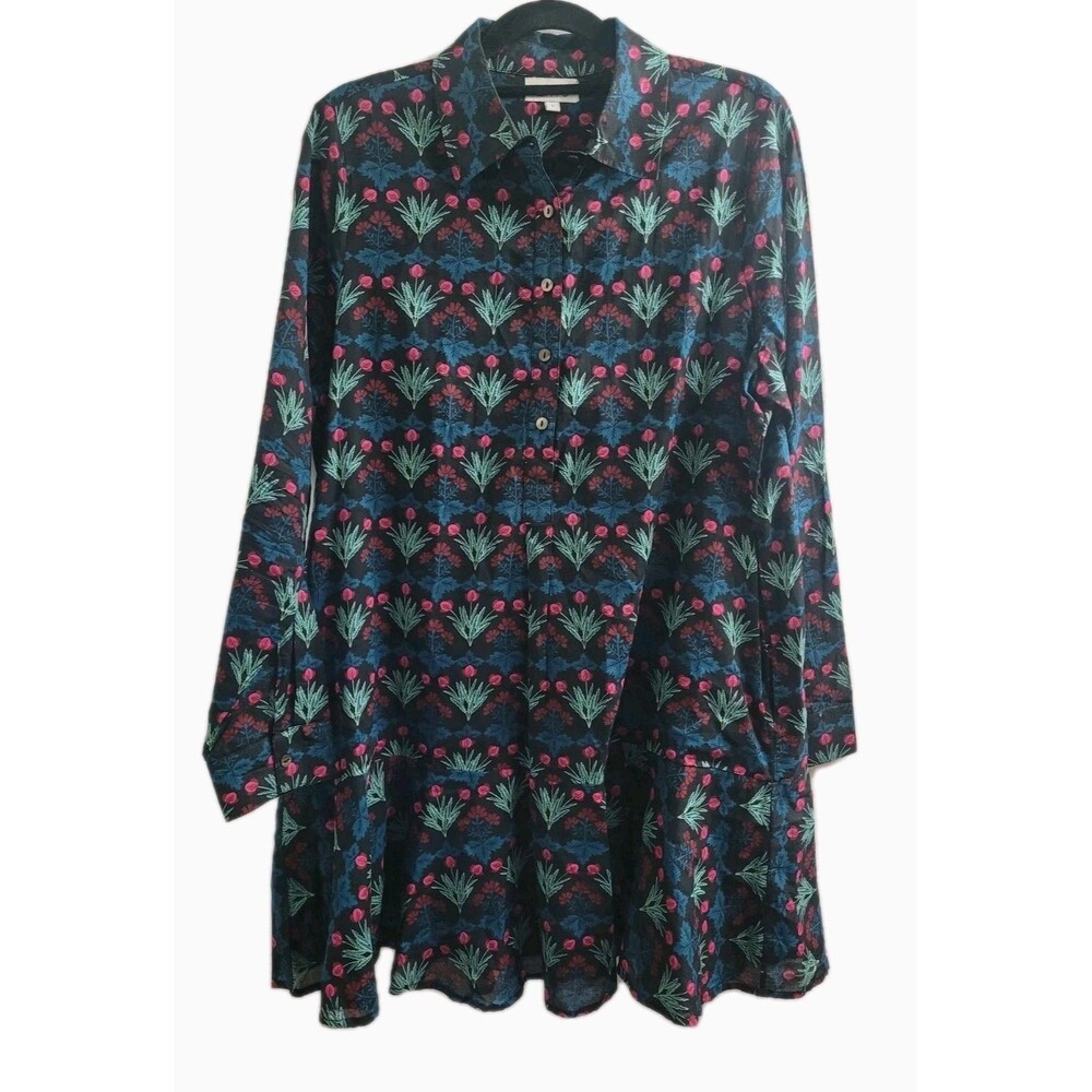 Livro Kurta Mini Shirt Dress L 100% Cotton India Floral Block Print Boho Cottage